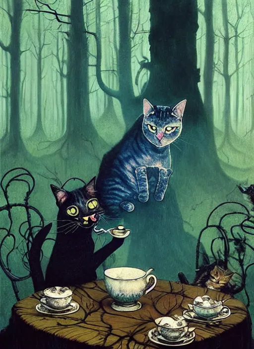 Image similar to cat having tea with a witch in the woods gorgeous lighting, lush forest foliage blue sky a hyper realistic painting by chiara bautista and beksinski and norman rockwell and greg rutkowski weta studio, and lucasfilm