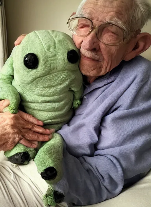 Image similar to an elderly man and his pet tardigrade, tardigrade on lap, cute pet photo