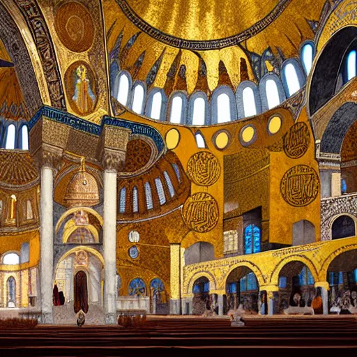 Image similar to divine liturgy being held inside the hagia sophia church, highly detailed, digital painting, concept art, sharp focus, by makoto shinkai