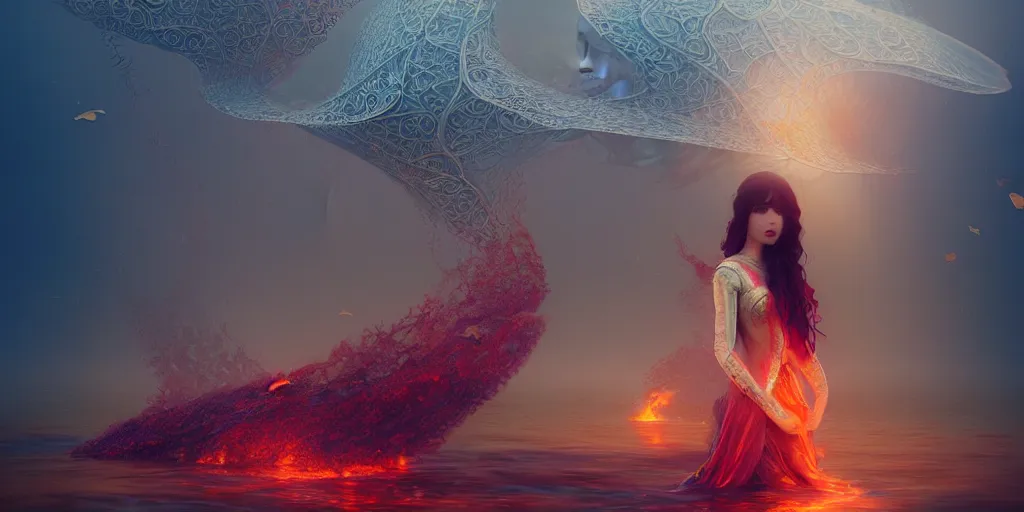 Prompt: ocean intricate fire pearls and ornate ruby, magical atmosphere, concept art, art nouveau, Reylia Slaby, Peter Gric, trending on artstation, volumetric lighting, CGsociety