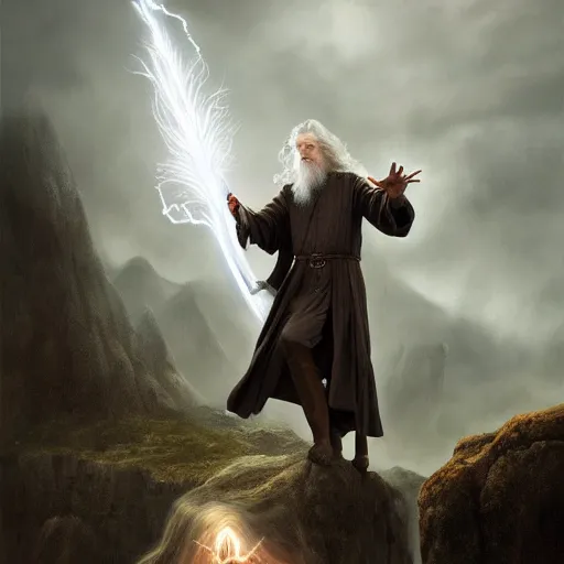 Image similar to gandalf casts a lightningbolt on saruman, wizardbattle, dramatic light, night, thunderclouds, fantasy background, painted by stanley lau, painted by greg rutkowski, painted by stanley artgerm, digital art, trending on artstation