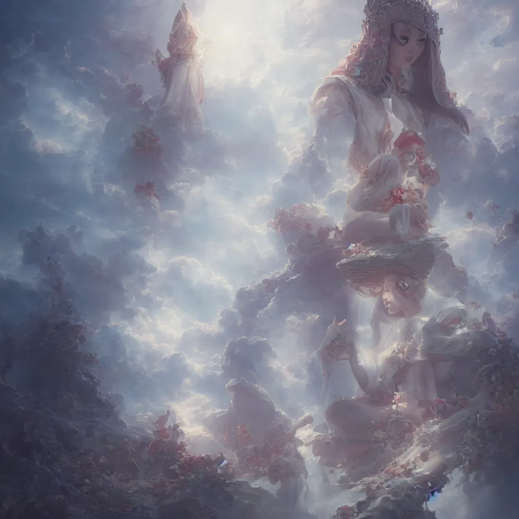 Image similar to the all - beneficent settled on the throne, rossdraws art, tom bagshaw art, heaven lighting, highly detailed, 8 k, octane render