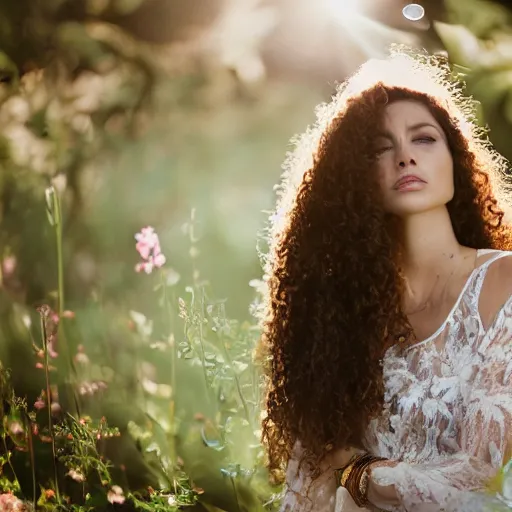 Image similar to a portrait of a woman with curly long hair and birds all around her, there's flowers everywhere, very beautiful ambient light with sun rays hitting her hair, 8k photography, wedding photography