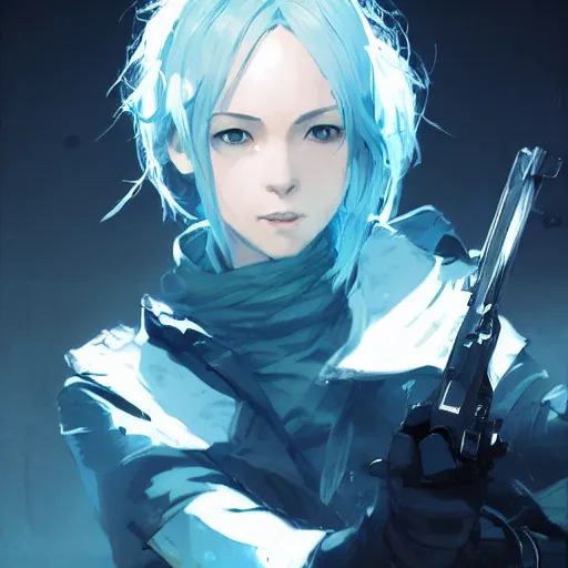 Image similar to realistic portrait of Sinon from sword art online, short blue hair, dramatic lighting, illustration by Greg rutkowski, yoji shinkawa, 4k, digital art, concept art, trending on artstation