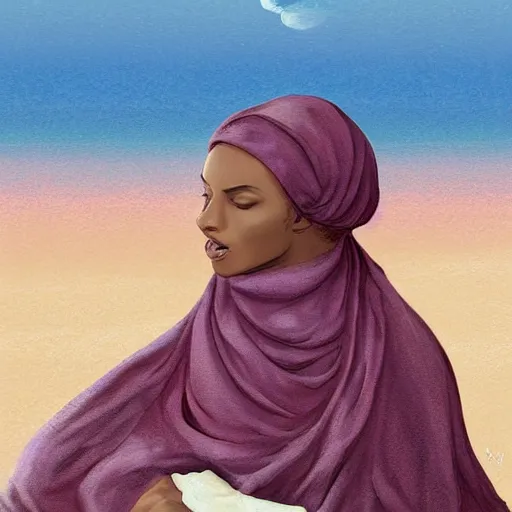 Image similar to a somali woman with curly hair, relaxing on the beach, contemplative, two cats on the beach, muted colours, beautiful, digital painting, illustration, high quality, detailed, dreamy