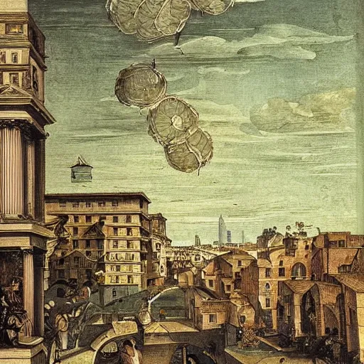 Image similar to print. a cityscape. the different colors and shapes represent different parts of the city. renaissance, dandelion by annibale carracci