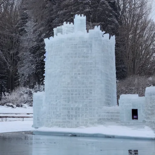 Image similar to A castle made entirely of ice, with snow-capped towers and a frozen moat