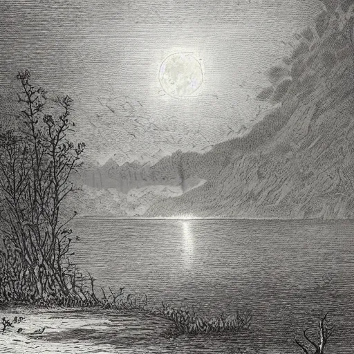 Prompt: wanderer at a lake, forest, dark clouds, moon, nightsky, moonrays, shadows, high detail, gorgeous view, depth, illustration by Gustav Doré