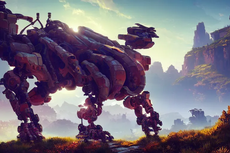 Image similar to shell - walker machine mecanical creature robot of horizon forbidden west horizon zero dawn radiating a glowing aura global illumination ray tracing hdr fanart arstation by ian pesty and alena aenami artworks in 4 k