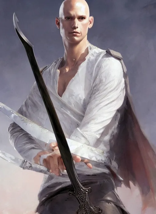 Prompt: a young man with wide, intense eyes. he is bald and clean shaven, dressed entirely in white and holding a huge sword. painting by greg rutkowski and raymond swanland