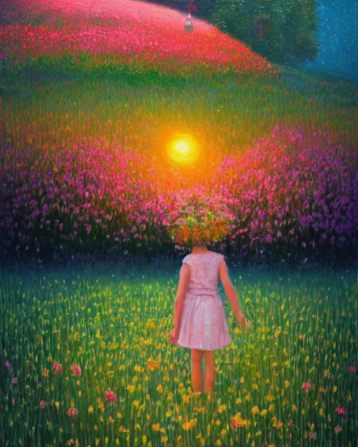 Image similar to girl with giant flower as a face and flower dress, standing in a flower field hills, big trees, sunrise dramatic light, impressionist painting, colorful clouds, digital painting, pointillism, artstation, simon stalenhag