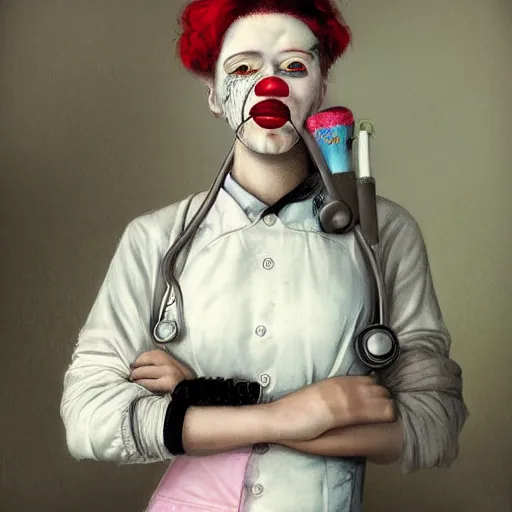 Image similar to clowncore pastel punk young hospital nurse wearing stylish uniform. detailed, portrait, 8 k, artwork by jean - baptiste monge