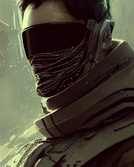 Image similar to detailed portrait Atreides, cyberpunk futuristic, reflective coats, decorated with traditional Dune ornaments by Ismail inceoglu dragan bibin hans thoma greg rutkowski Alexandros Pyromallis Nekro Rene Maritte Illustrated, Perfect face, fine details, realistic shaded, fine-face, pretty face