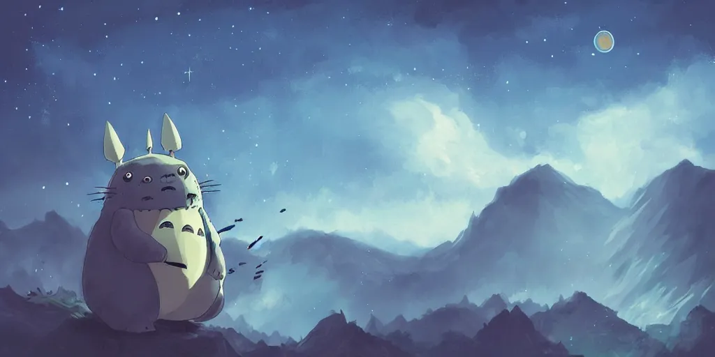 Image similar to exoskeleton totoro, mountain landscape, night sky, digital art, digital painting, celestial, majestic, playful, colorful