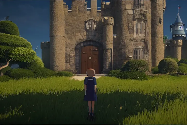 Image similar to game trailer of a semi realistic first person studio ghibli, pixar and disney animation, sharp, shooter game trailer on victorian castle, castle landscape, rendered in unreal engine 5, cinematic lighting, ray tracing, unreal engine 5, photorealistic