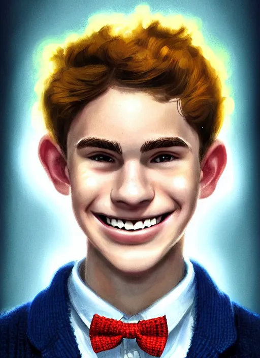 Image similar to portrait of teenage archie andrews, freckles, curly middle part haircut, curly hair, middle part hairstyle, smiling kindly, wearing a bowtie and sweater vest, intricate, elegant, glowing lights, highly detailed, digital painting, artstation, concept art, smooth, sharp focus, illustration, art by wlop, mars ravelo and greg rutkowski