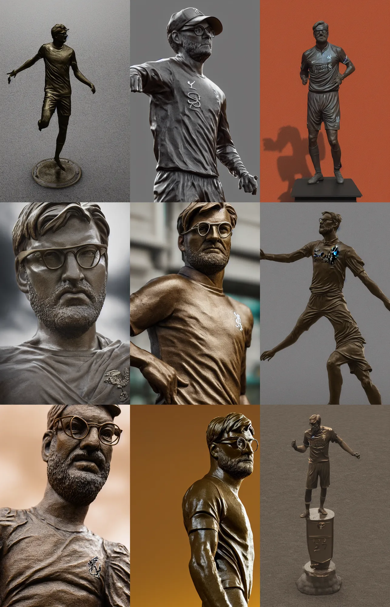 Prompt: bronze statue of Jurgen Klopp, movie still, cinematic lighting, dramatic, octane render, shallow depth of field, bokeh, 8k, hyper detailed, 35mm film grain