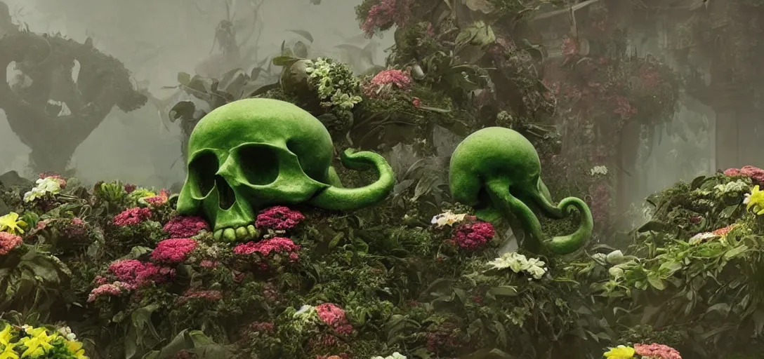 Prompt: a green octopus in the shape of a skull surrounded by flowers at noon, foggy, cinematic shot, photo still from movie by denis villeneuve, wayne barlowe