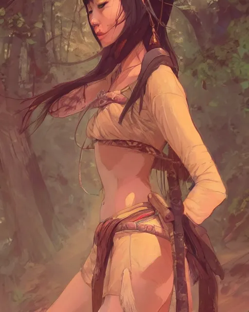 Image similar to an asian tribeswoman woman standing in the woods. By Makoto Shinkai, Stanley Artgerm Lau, WLOP, Rossdraws, James Jean, Andrei Riabovitchev, Marc Simonetti, krenz cushart, Sakimichan, D&D trending on ArtStation, digital art.