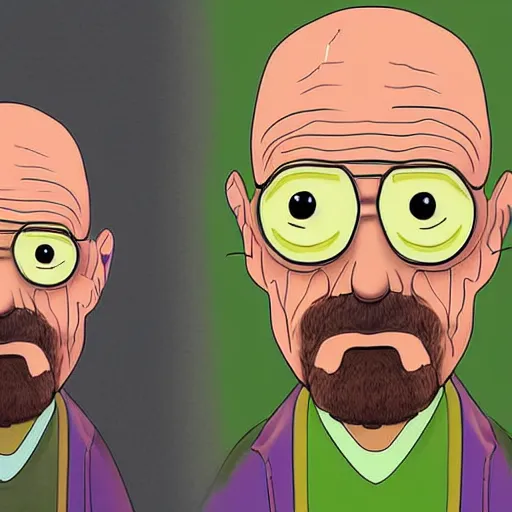 Image similar to digital art of Walter white as pickle rick from rick and morty, detailed, realism, cartoon art