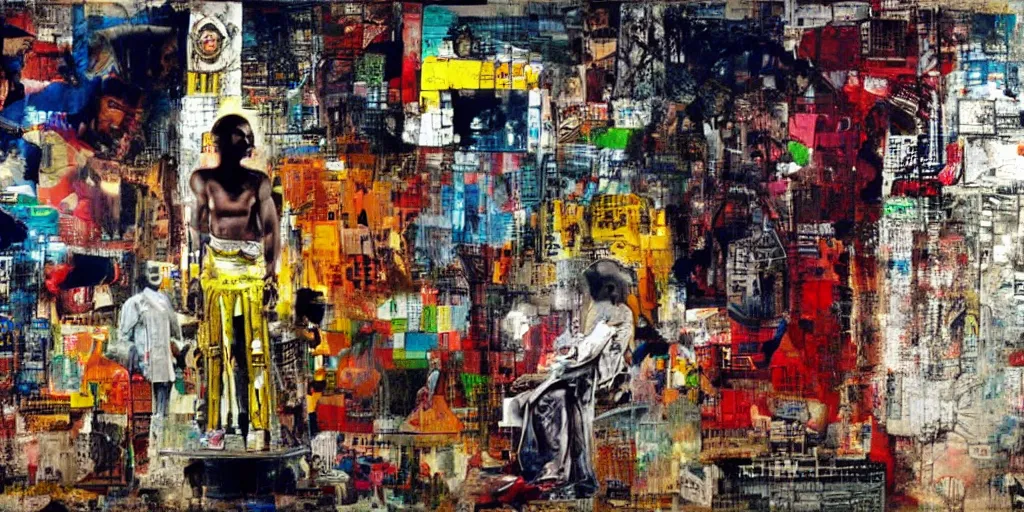 Image similar to robot in Ajegunle slum of Lagos conversing with African Jesus Christ about beauty under a large UFO beaming a neon ray, painting by Robert Rauschenberg,