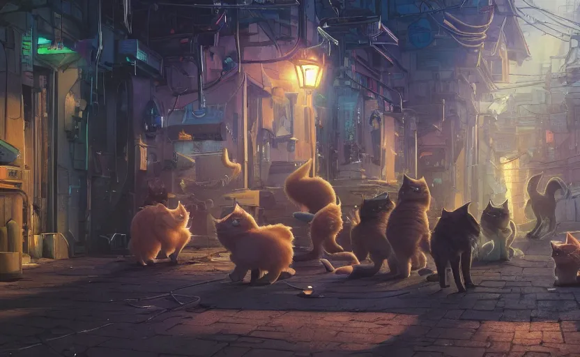 Image similar to a group of cats with one cat stretching in an alleyway in a space opera cyberpunk studio ghibli animated film, volumetric lighting, octane render by anime, stanley artgerm lau, greg rutkowski, thomas kindkade, alphonse mucha, loish, norman rockwel, highly detailed