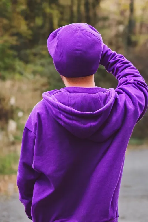 Prompt: young man in a purple hoodie, back view, messy short brown hair, colourful, 8 k, anime