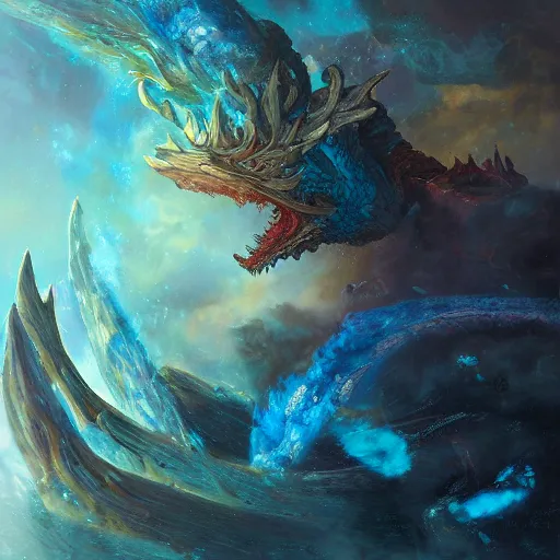 Prompt: prompt crystalline blue dragon eating a planet, space, planets, moons, sun system, nebula, oil painting, by Fernanda Suarez and and Edgar Maxence and greg rutkowski