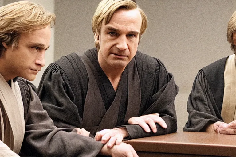 Prompt: jedi master anakin skywalker talking to saul goodman in court, us court, 1 0 8 0 p, court session images, realistic faces, better call saul court scene