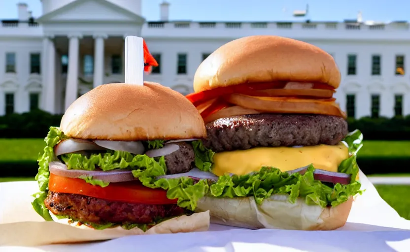 Image similar to a burger, in front of the white house, food photography