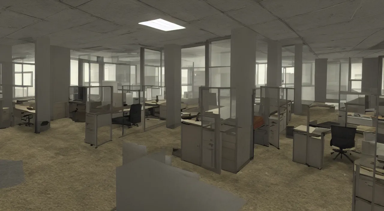 Prompt: An office at 3AM with multiple cubicles and a window that provides a view of the city, Source Engine, Gmod, Half Life 2, Bioshock, Outlast