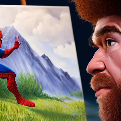 Image similar to a closeup photorealistic photograph of bob ross working on a canvas painting of spiderman. film still. brightly lit scene. mountains and trees. this 4 k hd image is trending on artstation, featured on behance, well - rendered, extra crisp, features intricate detail, epic composition and the style of unreal engine.