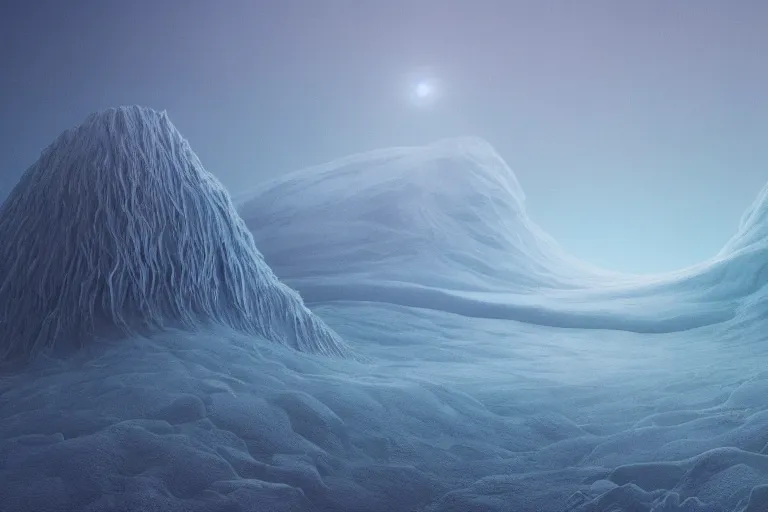 Prompt: a hd render of a surreal frozen landscape, cinematic lighting, by beeple and zdzisław beksinski, blue color scheme