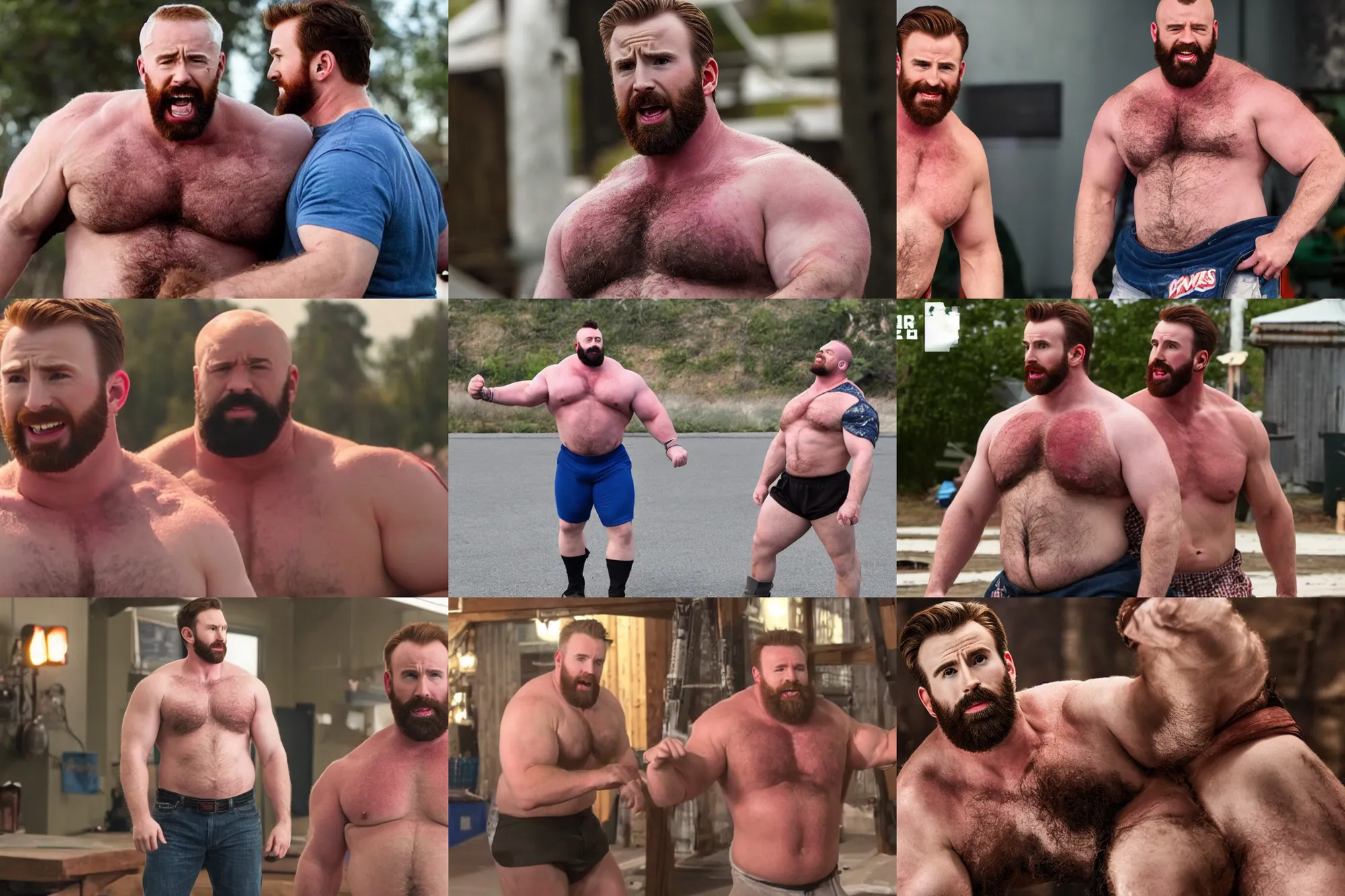 Prompt: chris evans as a burly padded strongman, dad energy, masculine, hairy torso, 4 k hd