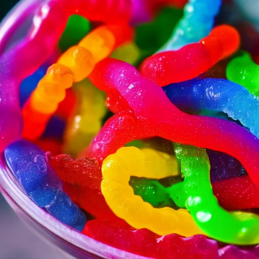 Image similar to macro image of a bowl full of gummy worms, realistic, glistening, slightly sprayed with water.