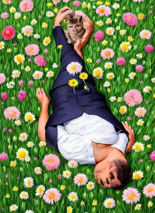 Image similar to hungarian prime minister viktor orban laying on a field of flowers with multiple cute kittens, photo, professionally retouched, realistic, smooth face, perfect eyes, symmetrical, full body shot, wide angle, sharp focus on eyes, 8 k high definition, insanely detailed, intricate, elegant, art by artgerm