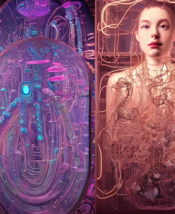 Image similar to intricate opulent transparent clear see - through portrait of microbes, fractal, neon lights, circuitry, dense industrial environment, ultra realistic, concept art, optical art, optical illusion, photorealistic, octane render, 8 k, unreal engine. art by nori inoguchi and sam kaplan and zachary goulko and christopher marley and artgerm and alphonse mucha