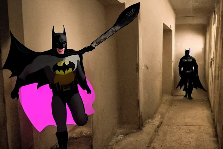 Image similar to batman wearing pink apron wielding an axe, chasing through old brown decrepit hallway, creepy smile, atmospheric eerie lighting, dim lighting, bodycam footage, photograph