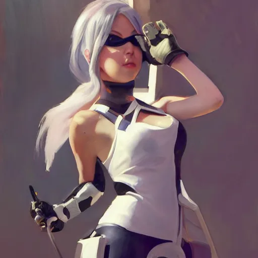 Image similar to greg manchess portrait painting of yorha type a no. 2 as tracy from overwatch, back shot, asymmetrical, profile picture, organic painting, sunny day, matte painting, bold shapes, hard edges, street art, trending on artstation, by huang guangjian and gil elvgren and sachin teng
