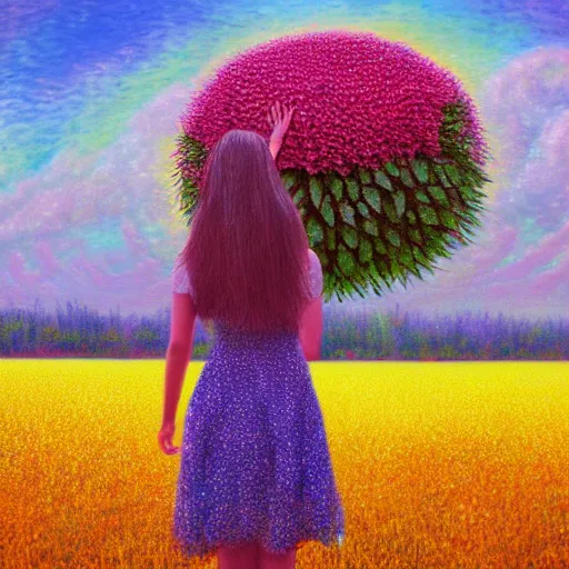 Prompt: giant flower head, girl standing in flower field, surreal photography, big trees, sunrise dramatic light, impressionist painting, colorful clouds, digital painting, pointillism, artstation, simon stalenhag