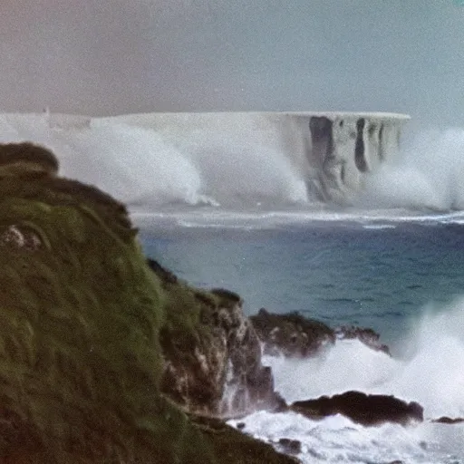 Image similar to 1 9 7 0's artistic spaghetti western movie in color, a woman in a giant billowy wide flowing waving dress made out of white smoke, standing inside a green mossy irish rocky scenic landscape, crashing waves and sea foam, volumetric lighting, backlit, moody, atmospheric