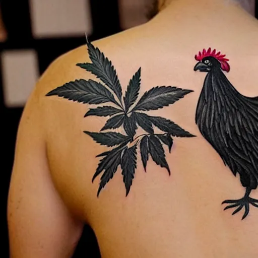 Image similar to adorable black rooster with a cannabis leaf tattoo design