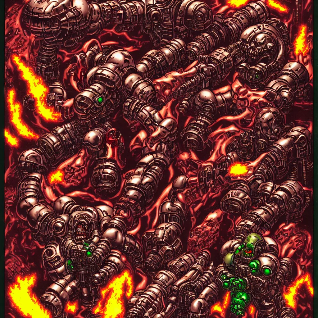 Prompt: doom!! ( 1 9 9 4 ) classic cyberdemon!!, doomguy, chaingun!!!, art by masamune shirow