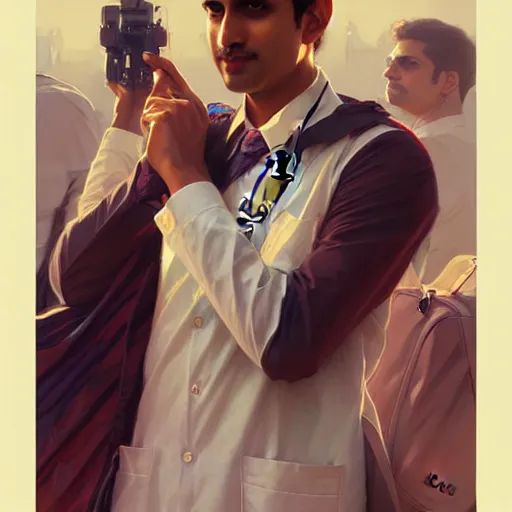 Image similar to Anxious good looking pale young Indian doctors wearing American clothes at the airport, portrait, elegant, intricate, digital painting, artstation, concept art, smooth, sharp focus, illustration, art by artgerm and greg rutkowski and alphonse mucha