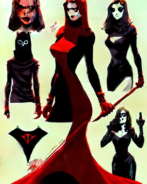 Image similar to rafael albuquerque comic art, peter mohrbacher, phil noto, artgerm, pretty evil elizabeth olson witch, black and red dress, symmetrical eyes