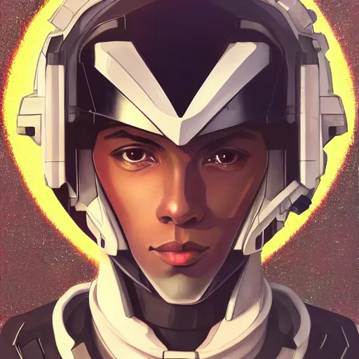 Image similar to symmetry portrait of a handsome 👨🏿🦱 gundam pilot with a high tech helmet, ultra detailed, intricate, anime, dynamic lighting, digital art, digital painting, art station, wlop, sharp focus, illustration, by artgerm, greg rutkowski, alphonse mucha, rossdraws, masterpiece