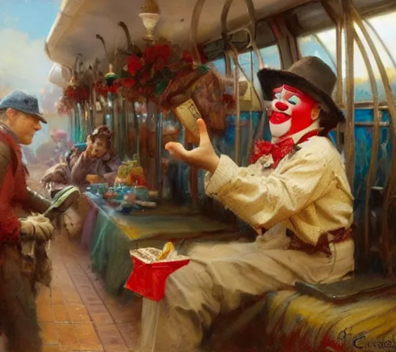 Image similar to a clown selling goodies on the train, highly detailed painting by gaston bussiere, craig mullins, j. c. leyendecker 8 k