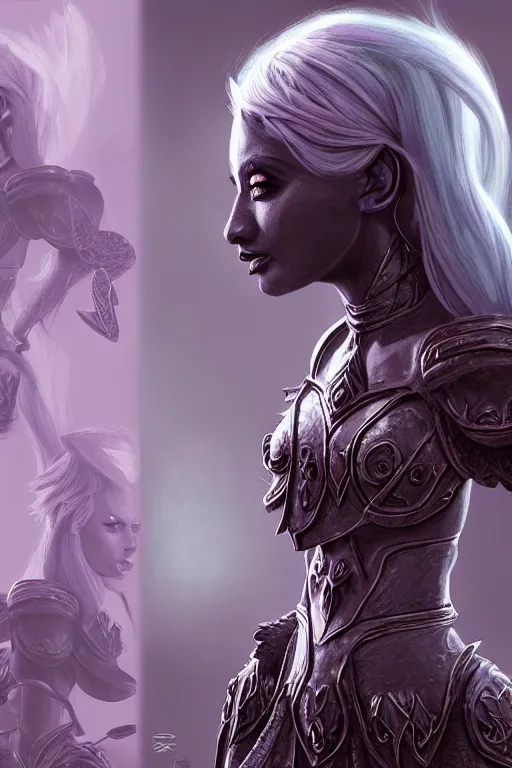 Image similar to drow princess, wearing armour, highly detailed, d & d, fantasy, highly detailed, digital painting, trending on artstation, concept art, sharp focus, illustration, global illumination, ray tracing, realistic shaded, art by artgerm and greg rutkowski and thomas cole and wayne barlowe