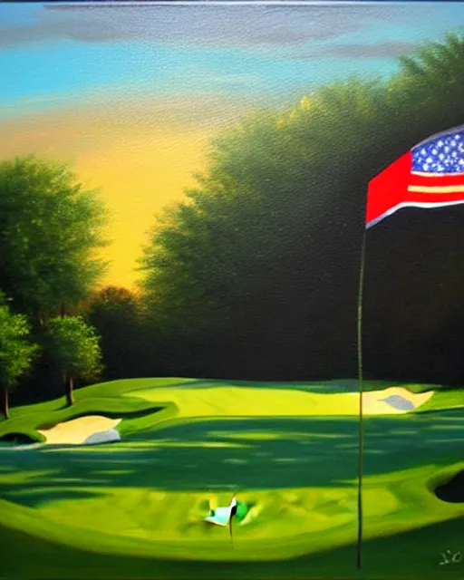 Image similar to oil painting of golf course, flag, oil painting,