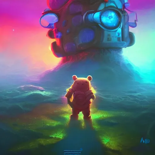 Prompt: a beautiful colorful interesting detailed sci-fi storybook fantasy scene of a teddy bear wearing a backpack going through a swirling mystical time portal to Wonderland, magic the gathering, Marc Simonetti and Anato Finnstark, neon pastel color palette, vibrant 8k rendering, Pixar concept art, trending on artstation HQ